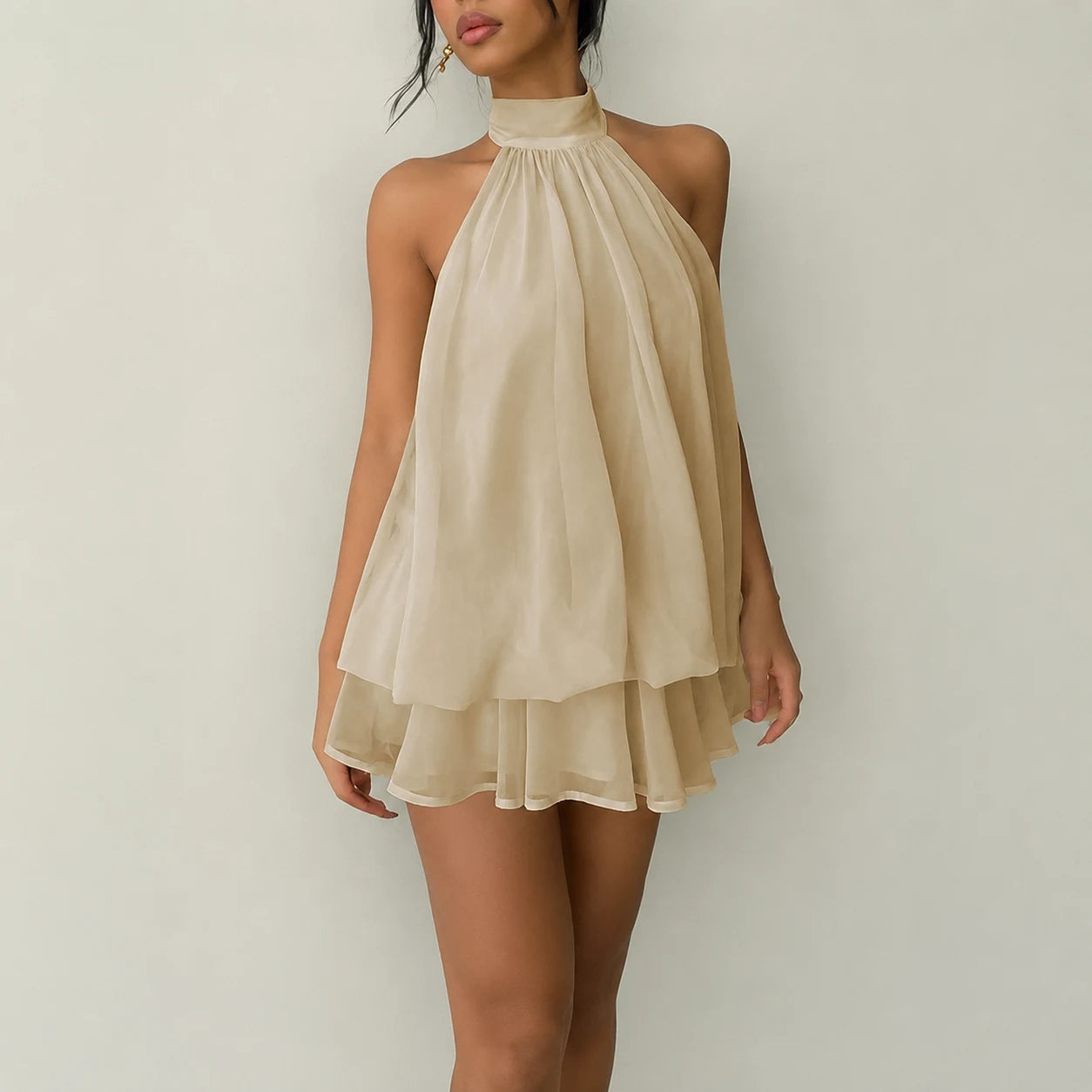 Halter Neck Layered Chiffon Mini Dress – Flattering Flowy Silhouette For Effortless Party & Vacation Glamour