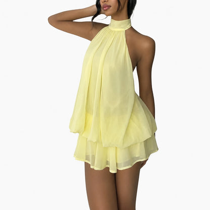 Halter Neck Layered Chiffon Mini Dress – Flattering Flowy Silhouette For Effortless Party & Vacation Glamour