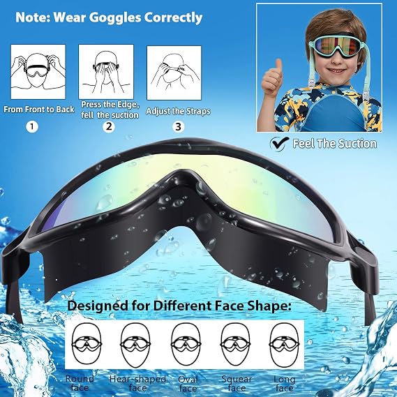 Kids Wide-View Swim Goggles – Leak-Free Large Cushion Design For Maximum Comfort Without Raccoon Eyes